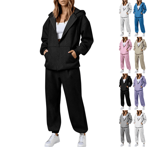 2 Piece Sets for Women Solid Color Zippered Cardigan Sweater Straight Leg Pants Set Plus Size Lounge Sets Winter Black M