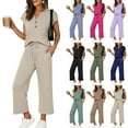 thumbnail image 1 of 2 Piece Sets for Women Spring Fashion Beach Vacation Cruise Outfit V Neck Tops Casual Wide Leg Crop Pants Resort Wear Hot Pink 2XL, 1 of 7