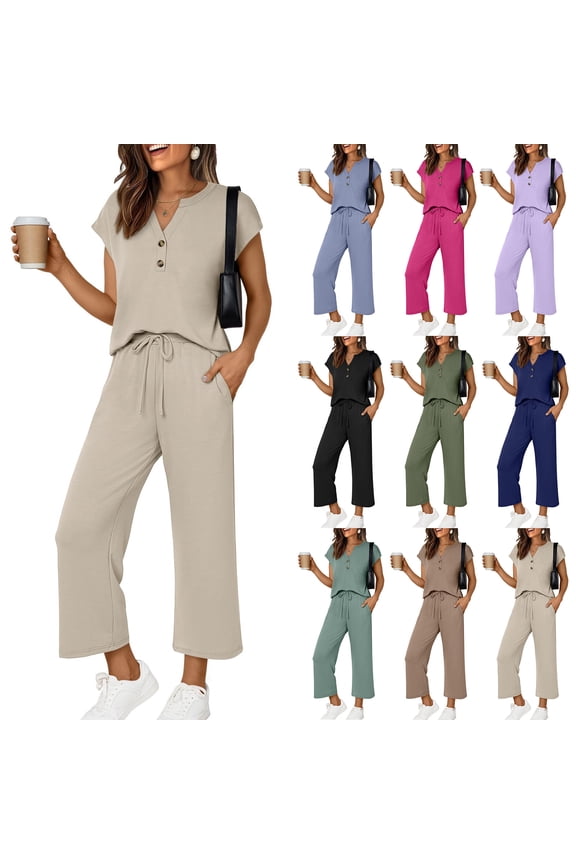 2 Piece Sets for Women Spring Fashion Beach Vacation Cruise Outfit V Neck Tops Casual Wide Leg Crop Pants Resort Wear Light Purple L