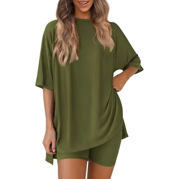 2 Piece Sets for Women Summer 2026 Lounge Short Set Spring Matching Biker Shorts Split Round Neck Shirt Clothing Army Green S