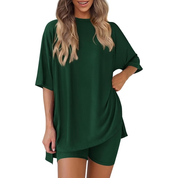 2 Piece Sets for Women Summer 2026 Lounge Short Set Spring Matching Biker Shorts Split Round Neck Shirt Clothing Dark Green M