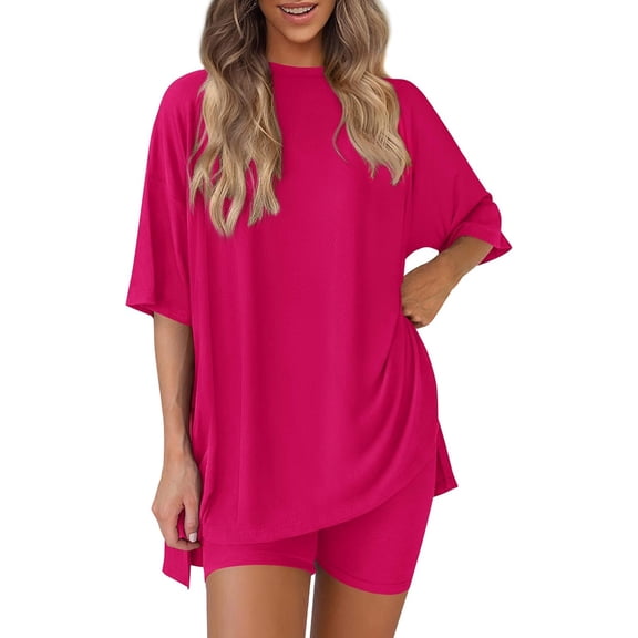 2 Piece Sets for Women Summer 2026 Lounge Short Set Spring Matching Biker Shorts Split Round Neck Shirt Clothing Hot Pink S