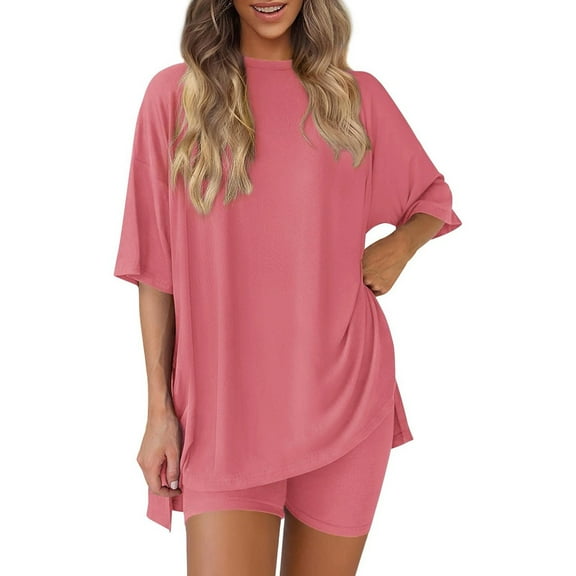 2 Piece Sets for Women Summer 2026 Lounge Short Set Spring Matching Biker Shorts Split Round Neck Shirt Clothing Pink XS