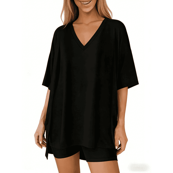 2 Piece Sets for Women Summer 2026 Lounge Short Set Spring Matching Biker Shorts V Neck Oversized Shirt Clothing
