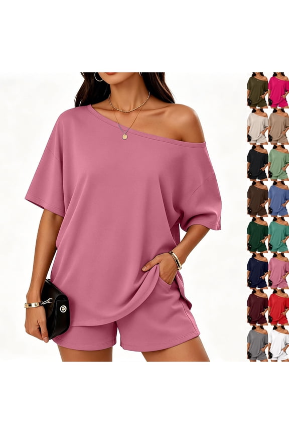2 Piece Sets for Women Summer 2026 Off the Shoulder T Shirt Casual Shorts Matching Comfy Lounge Sets Airport Travel Outfit,Pink,S