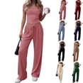 thumbnail image 1 of 2 Piece Sets for Women Summer 2026 Spring Solid Lounge Set Matching V Neck Tops - Wide Leg Pants Airport Travel Outfits Spring & Autumn Pink M, 1 of 6
