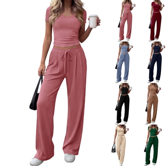 2 Piece Sets for Women Summer 2026 Spring Solid Lounge Set Matching V ...