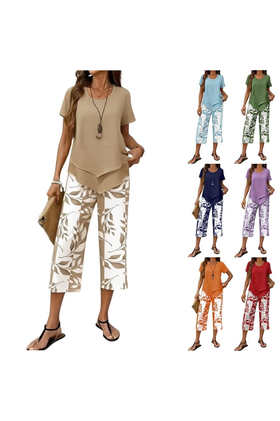2 Piece Sets for Women Summer Boho Lounge Sets Solid Top Wide Leg Printed Capris Pants Travel Beach Vacation Clothes Orange XL