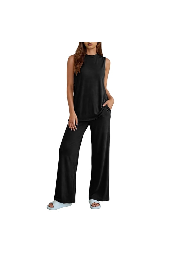 2 Piece Sets for Women Summer Casual Loose Comfy Side Split Tank Tops Straight Leg Pants Workout Outfits