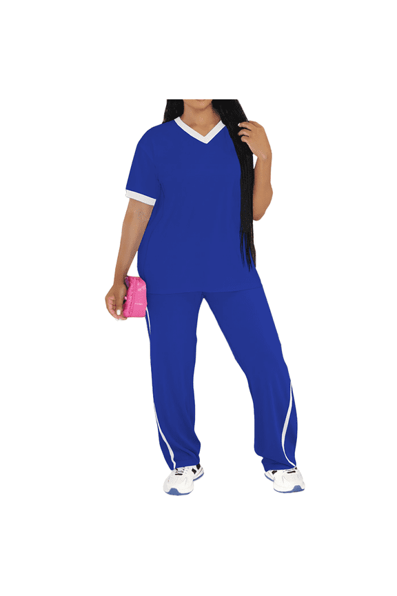 2 Piece Sets for Women Summer Casual Short Sleeve Top and Wide Leg Pants Lounge Sets Blue 2XL