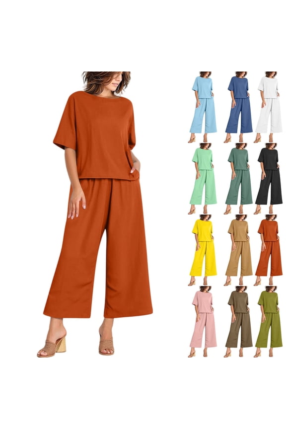 2 Piece Sets for Women Summer Crew Neck 3/4 Batwing Sleeve Top Wide Leg Culottes Suits Soft Breathable Office Outfits ,XL,#02 Vermilion