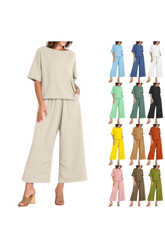2 Piece Sets for Women Summer Crew Neck 3/4 Batwing Sleeve Top Wide Leg Culottes Suits Soft Breathable Office Outfits ,XXL,#02 Beige