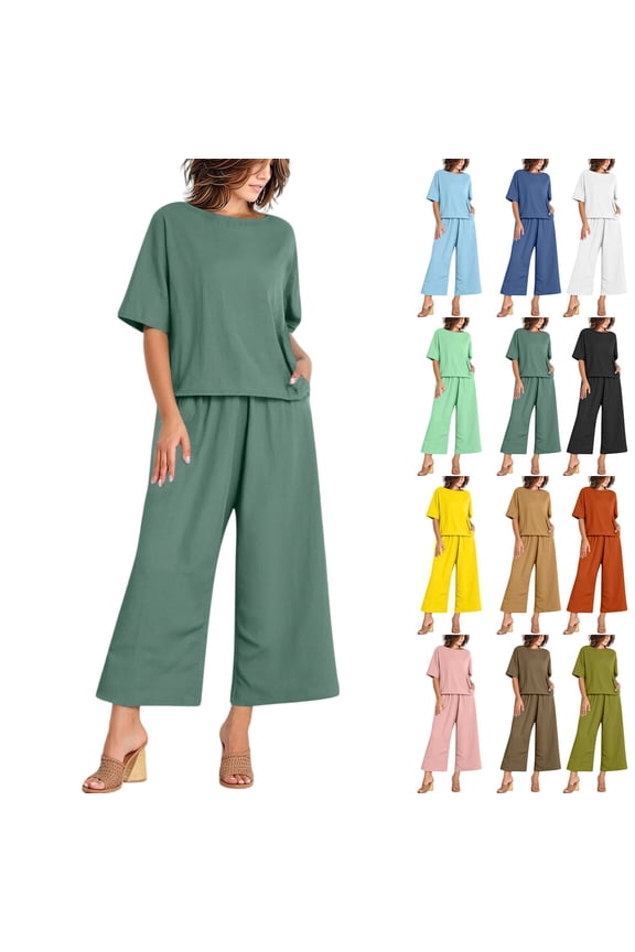 2 Piece Sets for Women Summer Crew Neck 3/4 Batwing Sleeve Top Wide Leg Culottes Suits Soft Breathable Office Outfits ,XXL,#02 Dark Green