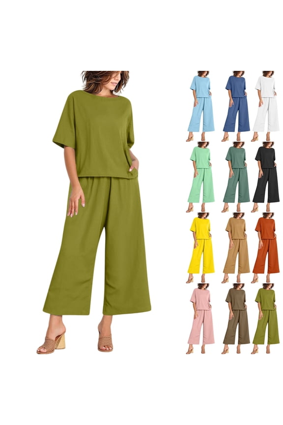 2 Piece Sets for Women Summer Crew Neck 3/4 Batwing Sleeve Top Wide Leg Culottes Suits Soft Breathable Office Outfits ,XXL,#02 Green