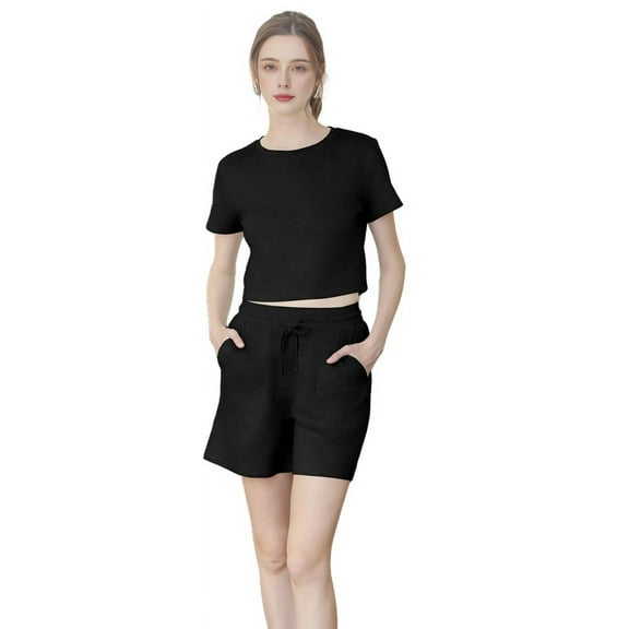 2 Piece Sets for Women Summer Crewneck Matching Shorts Lounge Set with Pockets Casual Travel Outfits Trendy Black XXL
