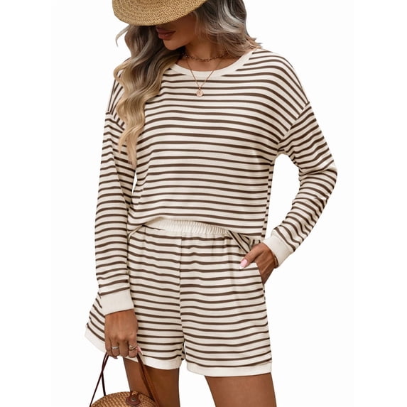 2 Piece Sets for Women Summer Cute Stripe Long Sleeve Knit T Shirts Shorts Matching Lounge Set Khaki L