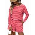 thumbnail image 1 of 2 Piece Sets for Women Summer Cute Stripe Long Sleeve Knit T Shirts Shorts Matching Lounge Set Rose Red L, 1 of 8