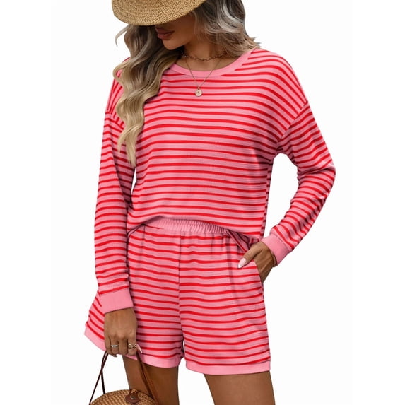 2 Piece Sets for Women Summer Cute Stripe Long Sleeve Knit T Shirts Shorts Matching Lounge Set Rose Red L