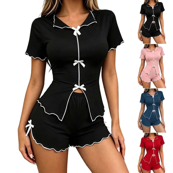 Pajamas Dqueduo Women's Stretchy Short Sleeve Shorts Pajama Set – Bow Detail Loungewear