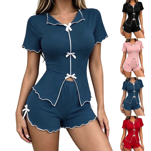 Pajamas Dqueduo Women's Stretchy Short Sleeve Shorts Pajama Set – Bow Detail Loungewear