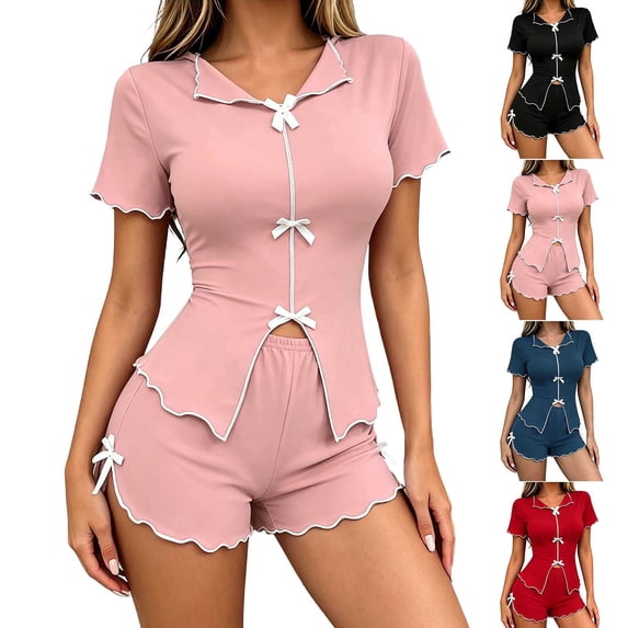Pajamas Dqueduo Women's Stretchy Short Sleeve Shorts Pajama Set – Bow Detail Loungewear