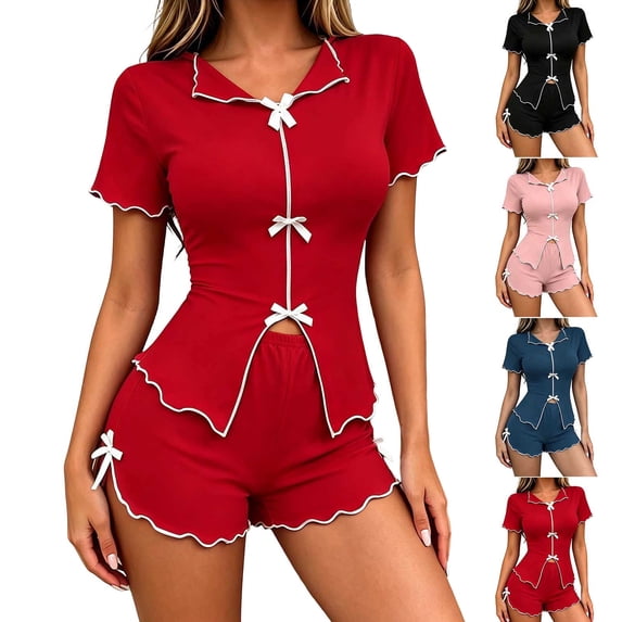 Pajamas Dqueduo Women's Stretchy Short Sleeve Shorts Pajama Set – Bow Detail Loungewear