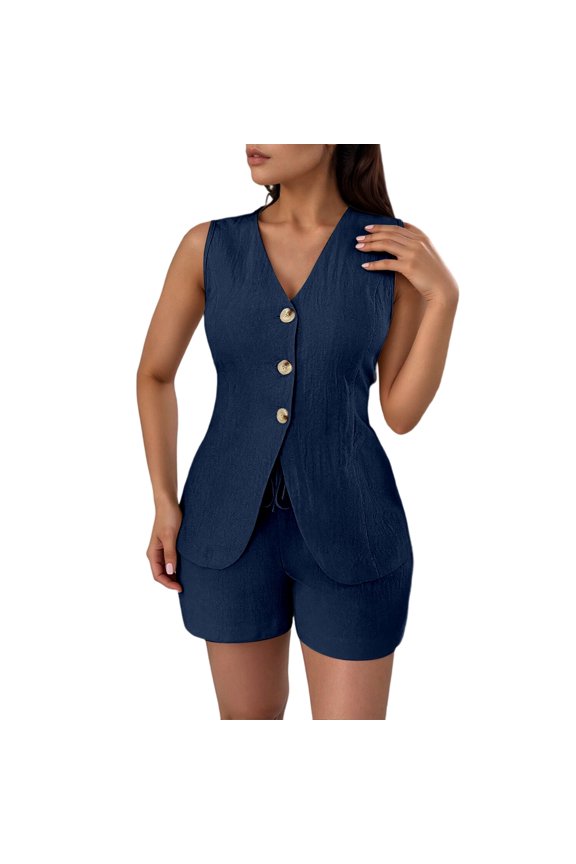 2 Piece Sets for Women Summer Fashion 2026 Button V Neck Vest Tops High Waist Shorts Business Casual Outfits