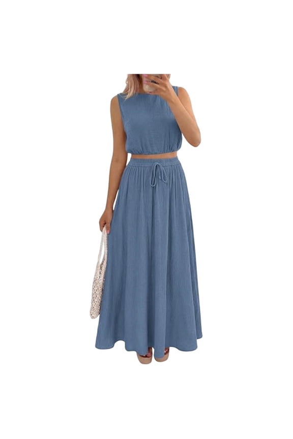 2 Piece Sets for Women Summer Fashion Cotton Sleeveless Crop Top Long Maxi Skirt Set with Pockets 2026 M