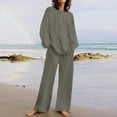 thumbnail image 1 of 2 Piece Sets for Women Summer Long Sleeve Cotton Linen Set Solid Color Top Wide Pants Suit Crew Neck Casual Loose Sweatsuit (Gray M）, 1 of 6