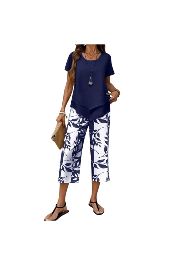 2 Piece Sets for Women Summer Lounge Sets Printed Capris Top Wide Leg Crop Pants Travel Beach Vacation Clothes Navy 3XL