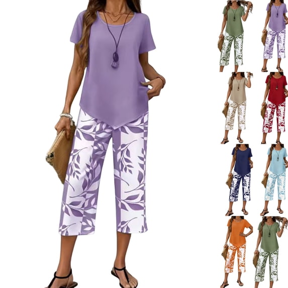 2 Piece Sets for Women Summer Lounge Sets Printed Capris Top Wide Leg Crop Pants Travel Beach Vacation Clothes,Purple,M