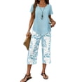 thumbnail image 1 of 2 Piece Sets for Women Summer Lounge Sets Printed Capris Wide Leg Crop Pants Travel Beach Vacation Outfits,Sky Blue,XL, 1 of 5