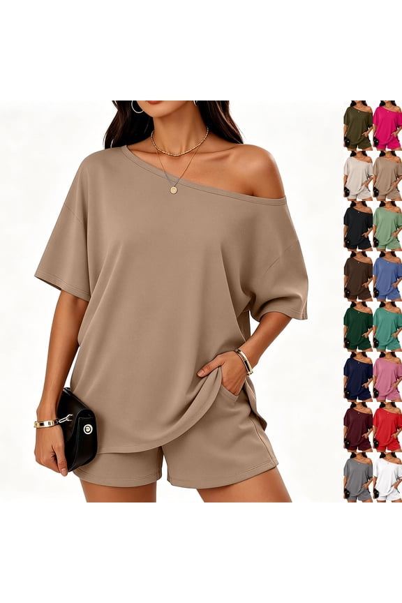 2 Piece Sets for Women Summer Off the Shoulder T Shirt Casual Shorts Matching Comfy Lounge Sets Airport Travel Outfit Khaki S