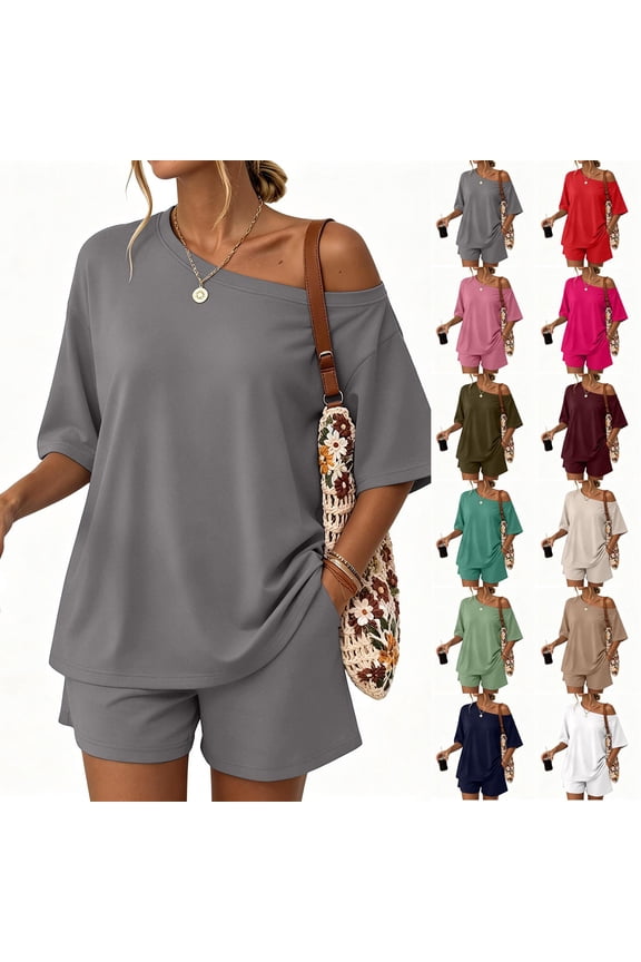 2 Piece Sets for Women Summer Off the Shoulder T Shirt Casual Shorts Matching Comfy Lounge Sets Airport Travel Outfit, L