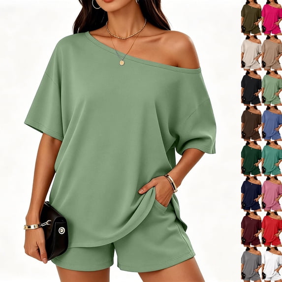 2 Piece Sets for Women Summer Off the Shoulder T Shirt Casual Shorts Matching Comfy Lounge Sets Airport Travel Outfit,Light Green,XL