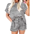 thumbnail image 1 of 2 Piece Sets for Women Summer Outfits Cute Stripe Knit T Shirts Shorts Matching Lounge Set Black XXL, 1 of 7