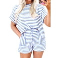 thumbnail image 1 of 2 Piece Sets for Women Summer Outfits Cute Stripe Knit T Shirts Shorts Matching Lounge Set S, 1 of 7