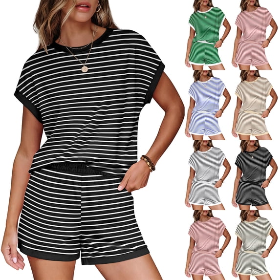 2 Piece Sets for Women Summer Outfits Cute Stripe T Shirts Shorts Matching Lounge Set Blue S