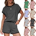 thumbnail image 1 of 2 Piece Sets for Women Summer Outfits Cute Stripe T Shirts Shorts Matching Lounge Set Brown L, 1 of 5