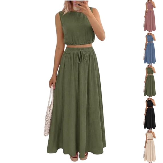 2 Piece Sets for Women Summer Outfits Sleeveless Cotton Crop Top Matching Long Maxi Skirt Set with Pockets, S