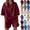 thumbnail image 1 of 2 Piece Sets for Women Summer Red Crew Neck Casual Solid Color Short Sleeve Shirt Shorts XL, 1 of 6