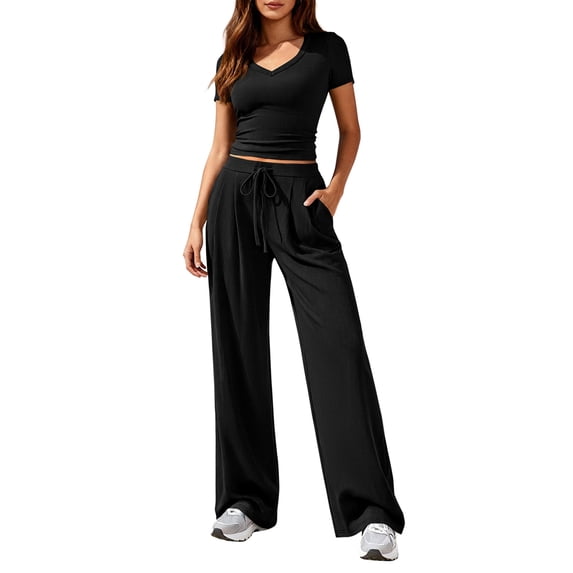 2 Piece Sets for Women Summer Spring Lounge Set Matching V Neck Tops Wide Leg Pants Travel Outfits Black XXL
