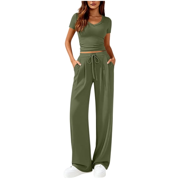 2 Piece Sets for Women Summer Spring Lounge Set Matching V Neck Tops Wide Leg Pants Travel Outfits