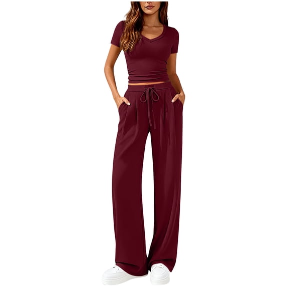 2 Piece Sets for Women Summer Spring Lounge Set Matching V Neck Tops Wide Leg Pants Travel Outfits