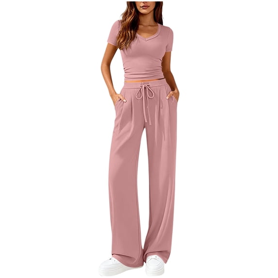 2 Piece Sets for Women Summer Spring Lounge Set Matching V Neck Tops Wide Leg Pants Travel Outfits