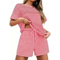 thumbnail image 1 of 2 Piece Sets for Women Summer Stripe Short Sets Short Sleeve Tops Lounge Matching Sets Casual Comfy Daily Wear Short Sets, 1 of 3