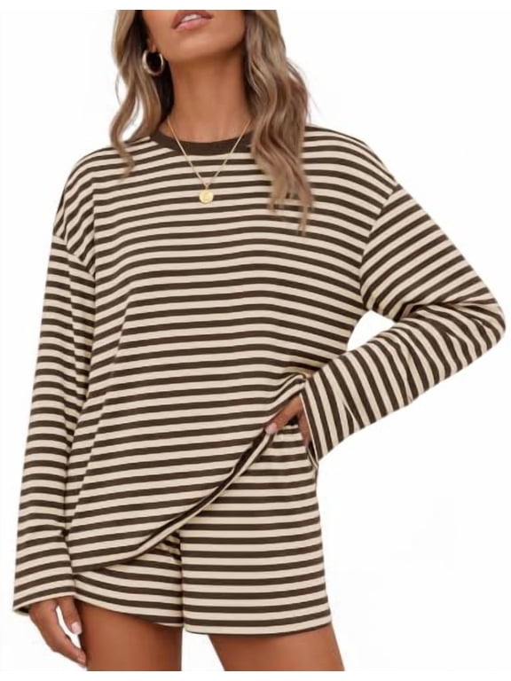 2 Piece Sets for Women Summer Striped Long Sleeve Tops Short Pants Loose Fit Lounge Comfy Fall Matching Sets Airport Travel Clothes