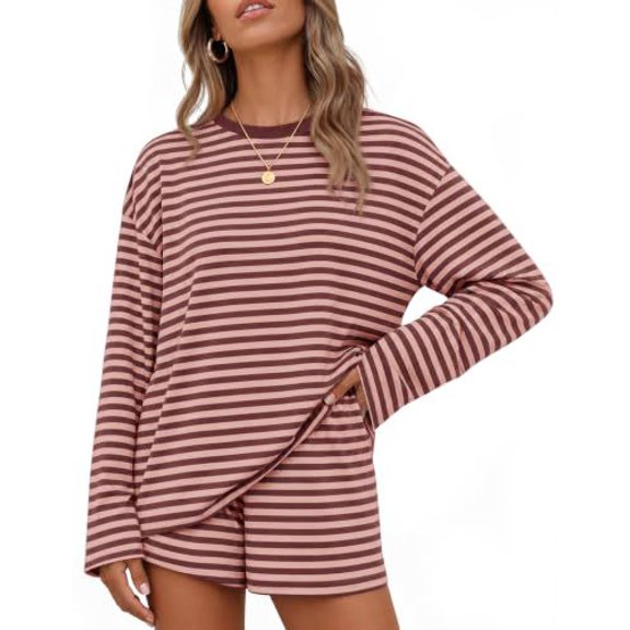 2 Piece Sets for Women Summer Striped Long Sleeve Tops Short Pants Loose Fit Lounge Comfy Fall Matching Sets Airport Travel Clothes