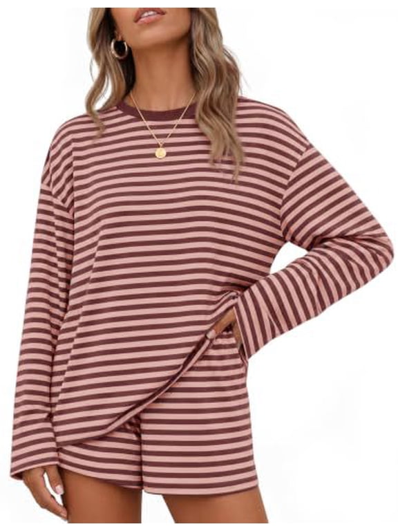2 Piece Sets for Women Summer Striped Long Sleeve Tops Short Pants Loose Fit Lounge Comfy Fall Matching Sets Airport Travel Clothes