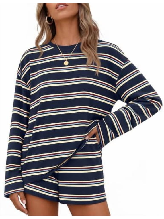 2 Piece Sets for Women Summer Striped Long Sleeve Tops Short Pants Loose Fit Lounge Comfy Fall Matching Sets Airport Travel Clothes